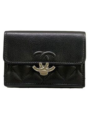 Chanel Trifold Wallet Small Flap Walletmatelasse Black Double Coco Clip Silver